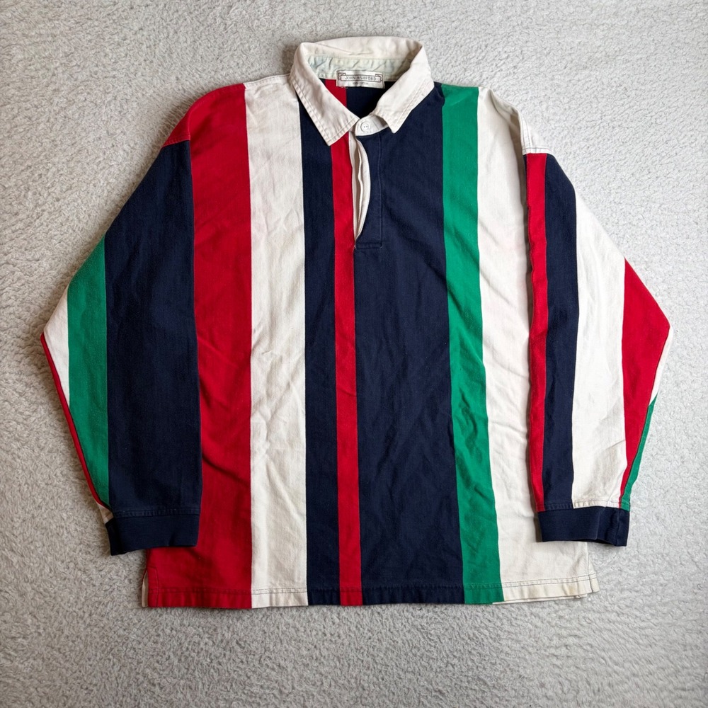 John Ashford Mens XXL Rugby Shirt Long Sleeve Vertical Stripe Cotton Navy Red